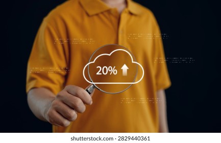 Cloud upload progress concept showing 20 percent completion with secure cloud storage, file synchronization, data transfer, digital backup, enterprise cloud computing, and online infrastructure.