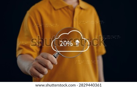 Cloud upload progress concept showing 20 percent completion with secure cloud storage, file synchronization, data transfer, digital backup, enterprise cloud computing, and online infrastructure.