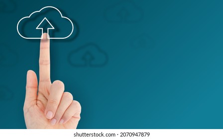 Cloud uploading concept on phone screen. woman hand upload from mobile phone to store data on server. - Shutterstock ID 2070947879