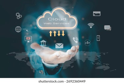 Cloud web services concept showing internet-based computing resources for hosting servers, applications, and data storage. Secure infrastructure, scalable processing, and access from any device.