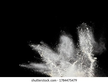 Cloud Of White Wheat Flour On A Black Background, Particles Fly In Different Directions, Explosion And Splash