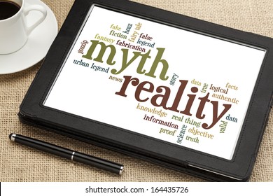 Cloud Of Words Or Tags Related To Myth And Reality On A  Digital Tablet