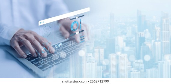 Cloud-based business analytics concept. Man using laptop with data dashboard interface overlay on modern city background. Big data, smart technology, real-time report, and AI-driven decision-making.