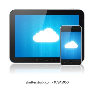 Cloud-computing connection on digital tablet pc and modern smart phone. Conceptual image. Isolated on white.