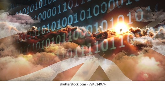 Clouds around binary codes against digital composite image of british flag and clouds