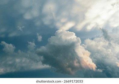 Clouds form dramatic skyscape. Fluffy cumulus shapes glow under bright sunlight, stormy atmospheric formations create majestic abstract texture, peaceful dreamy nature background inspiring outdoor