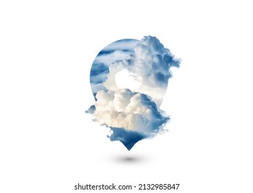Clouds forming a location pin symbol. Photo manipulation. Concept design for themes like destination, travel, location and more. On white background 