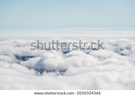 Clouds inversion fog mist at Devil's Knob Overlook at Wintergreen resort town in Blue Ridge parkway mountains above aerial high angle view