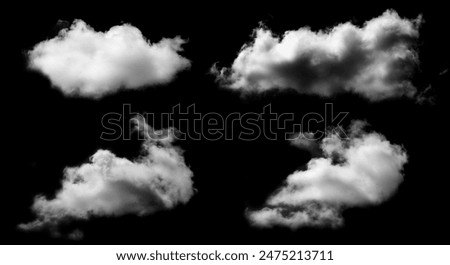 Clouds isolated White fluffy set on black background for design overlay 