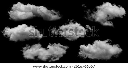 Clouds isolated White fluffy set on black background for design overlay 