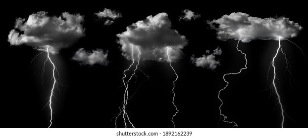 Clouds with lightning isolated on black background. Concept on topic weather, cataclysms (hurricane, Typhoon, tornado, storm).


