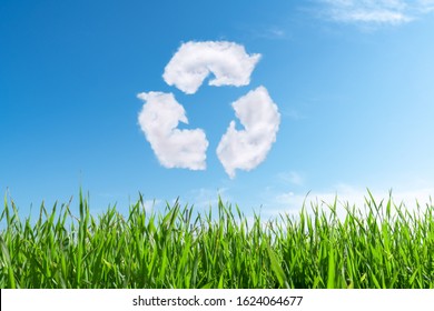 Clouds on the blue sky in shape of the symbol of recycling on green background. Protection nature and future concept. - Shutterstock ID 1624064677