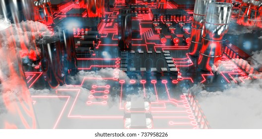 Clouds over binary coded screen against close up of circuit board