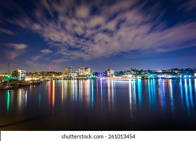 Clouds over the harbor at night, seen from the Via Lido Bridge, in Newport Beach, California.