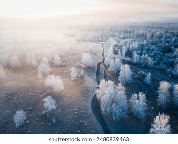 Clouds over the mountains and forest at foggy sunrise. Aerial view. Road between frost-covered trees in a forest. Winter landscape - Powered by Shutterstock