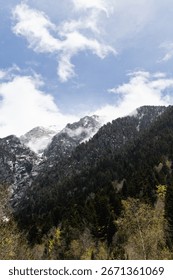 clouds over the mountains with snow