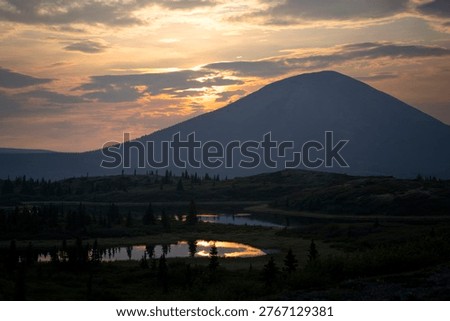 Clouds reflected in a small lake across from Donnelly Dome in the middle of a summer night in Alaska.