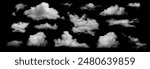 Clouds set isolated on black background. White cloudiness, mist or smog background. 