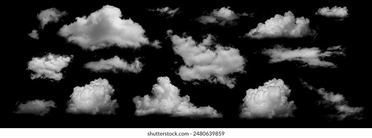 Clouds set isolated on black background. White cloudiness, mist or smog background. 