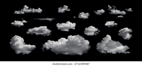 Clouds set isolated on black background. White cloudiness, mist or smog background. 