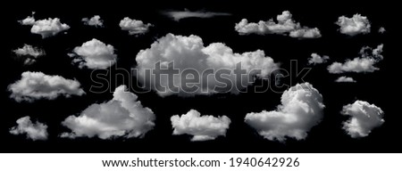 Clouds set isolated on black background. White cloudiness, mist or smog background. 