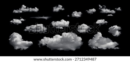 Clouds set isolated on black background. White cloudiness, mist or smog background. 