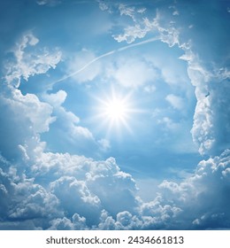 Clouds in the sky, sky background. View of the sky and the sun. Background on the theme of religion, paradise, freedom, weather, etc.