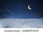 Clouds with starry sky and crescent moon, creative idea. Sleep and dreams, concept. Good night.