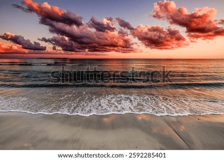 clouds at sunset on the beach, Ses Covetes beach, protected natural area, Campos, Mallorca, Balearic Islands, Spain, Europe