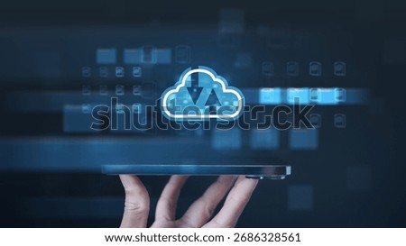 cloud,upload,backup,transfer,storage,progress,sync, Hand holding a tablet with a floating cloud icon, symbolizing cloud upload, backup, data storage, synchronization, and secure online file transfer.