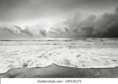 Cloudy Beach Before Raining In Black And White