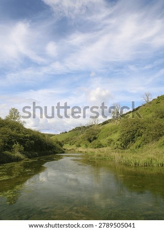 Cloudy blue sky reflected in a pond on MiIlington Beck which is in the Yorkshire Wolds