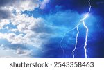 Cloudy and clear sky. Weather change. Contrasting climate. Sky with clouds and lightning. Sudden change of weather. Thunderstorm and lightning in summer sky. Climate deterioration.