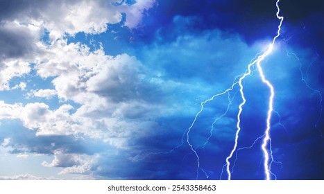 Cloudy and clear sky. Weather change. Contrasting climate. Sky with clouds and lightning. Sudden change of weather. Thunderstorm and lightning in summer sky. Climate deterioration.