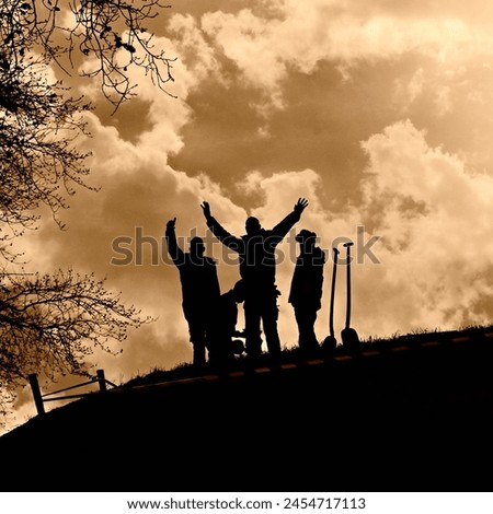 CLOUDY DAY CLOUDS LAST RAYS OF SUN 4 MEN STANDING LABOUR SEE SUN SET TREE  SPEACIAL FOR LABOUR DAY 
