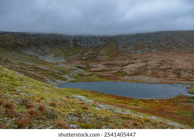 Cloudy day in lapland, finland, with a colorful autumn landscape of mountains, lakes, and tundra. Perfect for hiking and camping adventures in the nordic wilderness - Powered by Shutterstock