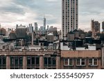 A cloudy New York City skyline featuring iconic rooftop water towers, historic architecture, and modern high-rises, capturing urban contrast