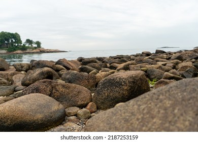 Cloudy Overcast Day At The Rocky West Beach In Beverly, Massachusetts