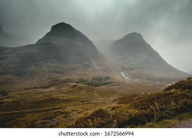 Cloudy and Rainy day by the Glen and mountains of the Scottish Highlands