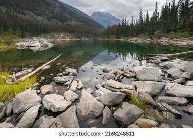 Cloudy, rainy day by Horseshoe lake in Jasper National Park, Alberta, Canada. Hazy mountains in the background. Rainy summer in Canadian Rockies. Trees and mountains reflecting in turquoise water