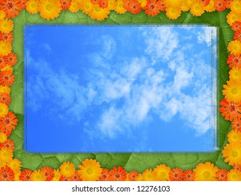 Cloudy sky background and flower frame