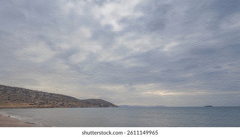Cloudy sky with a beach in the background. The sky is overcast and the beach is empty. Collage, watercolor paper and photography. 