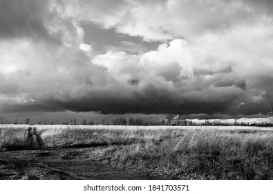 Cloudy sky before a thunderstorm, a field with a road going into the distance. Residential buildings near the horizon. Black and white photo