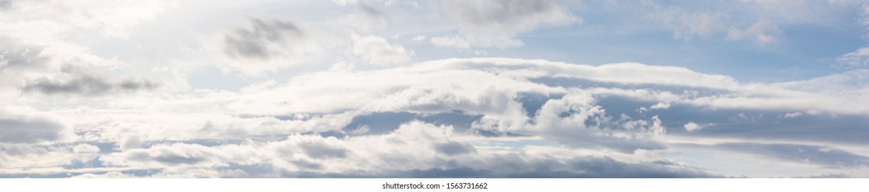 Cloudy sky natural background. Super wide angle panorama, banner format