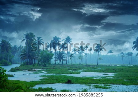 Cloudy sky over beautiful flood plain landscape, River landscape, Beautiful summer landscape with cloudy sky, Flood plain of beautiful river. Nature Beautiful Scenery Kerala India