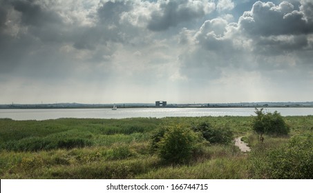 Cloudy Sky Over The River Thames In Purfleet, Grays, Essex