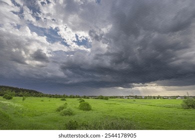  A cloudy sky with a storm brewing in the distance. The sky is mostly blue with a few clouds scattered throughout. Scene is ominous and foreboding, as the storm clouds gather and the sky darkens - Powered by Shutterstock