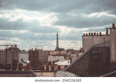 A cloudy view of the Eiffel Tower from the rooftops