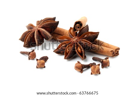 Cloves, anise and cinnamon isolated on white background. Shallow dof