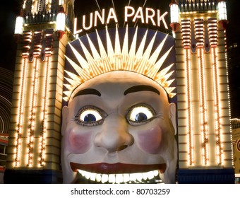 The clown face at the entrance of Luna Park, one of the iconic entertainment precincts in Sydney, Australia